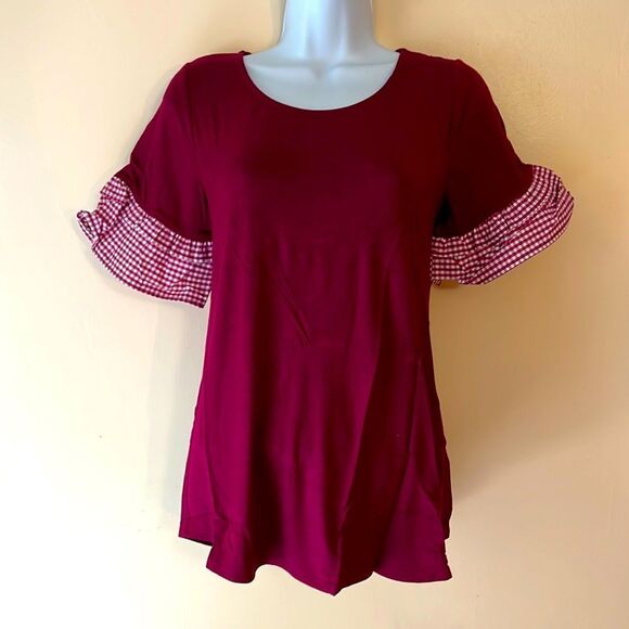 Les Anis Gingham Ruffle Sleeve Burgundy Tshirt Sz S - Picture 1 of 4